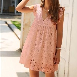 Peach eyelet v-neck dress with flutter sleeves